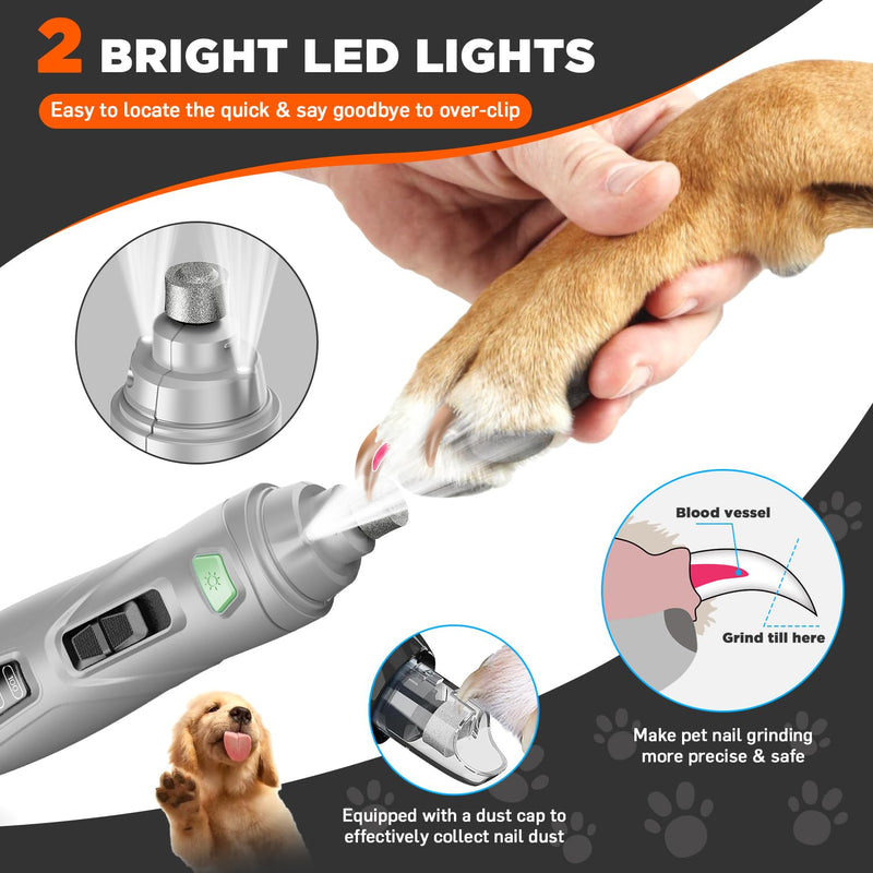 Dog Nail Grinder Quiet Dog Nail Trimmers with 2 LED Lights 3-Speed 3 Grinding Bits 3 Grinding Ports Rechargable Dog Nail Clippers Tool for Large Small Dogs Cats-A Light Grey - PawsPlanet Australia