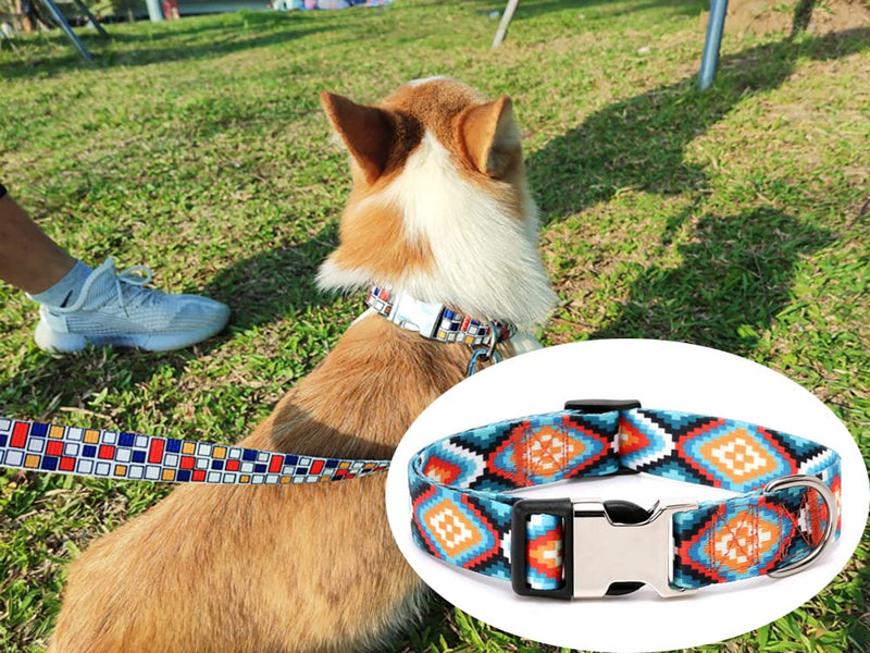 Western Dog Collar and Leash Set, Aztec Tribal Print Quick Release Half-Metal Buckle Soft Durable Boy Pet Collars for Small Medium Large Male Dogs Puppy, Rhombus M Rhombus+leash M for Neck 12-17" - PawsPlanet Australia