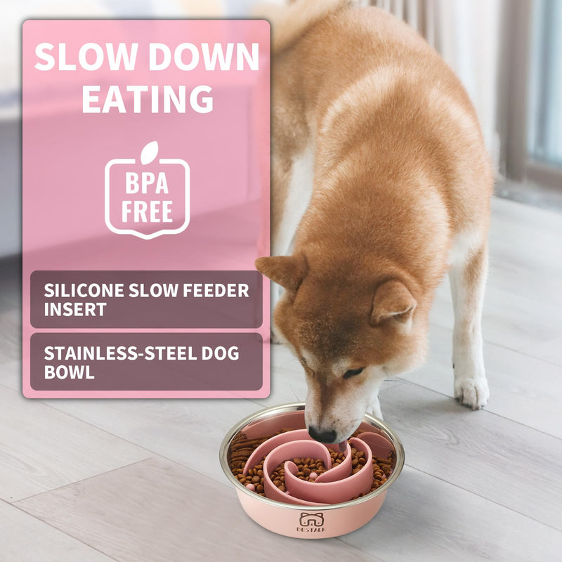 2-in-1 Metal Slow Feeder Dog Bowl, Bestalk Stainless Steel Dog Bowls with Silicone Slow Feeder Insert, Food Grade 304 Water Food Bowl with Anti-Slip Base for Small, Medium, Large Dogs 5 CUPS Pink - PawsPlanet Australia