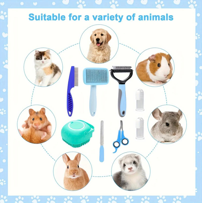 8-piece dog brush grooming set, pet self-cleaning set, with pet nail clippers and files, flea comb, pet shampoo bath brush, Pink and Blue colour variation set (Blue)