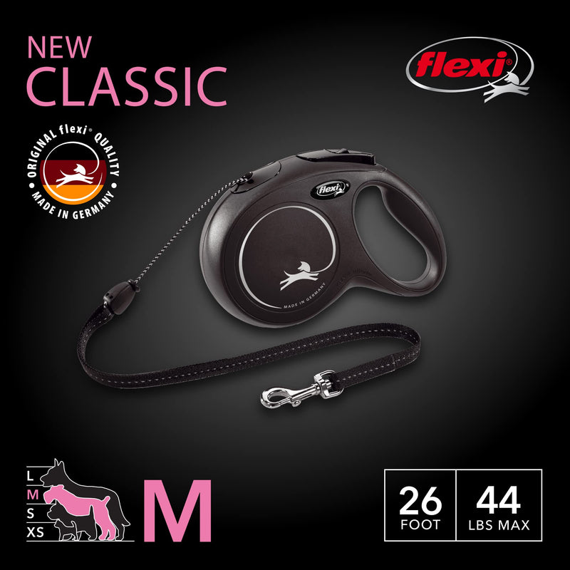 FLEXI New Classic Cord Retractable Dog Leash for Medium Dogs up to 44 lbs. – 26 ft., Black | Tangle-Free Pet Walking Leash with One-Handed Brake, Pause, Lock|German Quality Product Medium - 26 ft - PawsPlanet Australia
