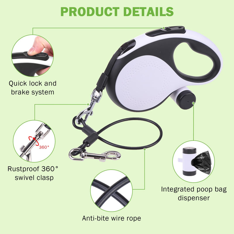 SCENEREAL Retractable Dog Leash for Small Medium Large Dogs up to 110lbs, 26ft 360° Tangle-Free Nylon Tape with Anti-Chewing Wire Rope&Waste Bag Dispenser, Heavy Duty Long Durable One-Handed Brake White