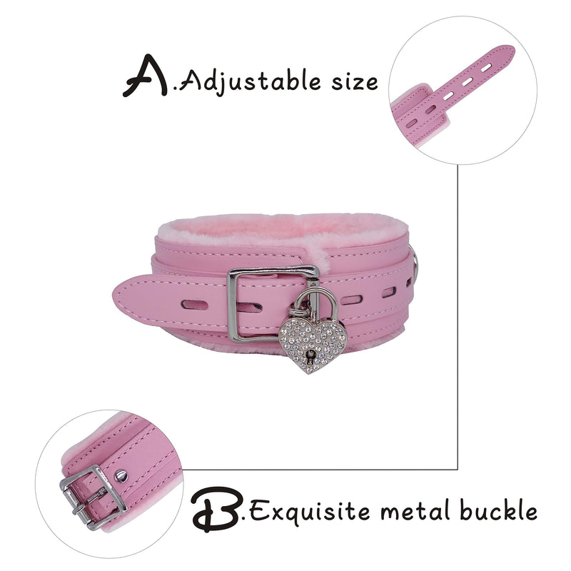 AWISZZZ Pets Dog and Cat Gothic Leather Collar Tie Long Lead Chain Strong Durable with Love Lock and Collar Necklace Neck Size Adjustable Collar for Women Pets - Pink