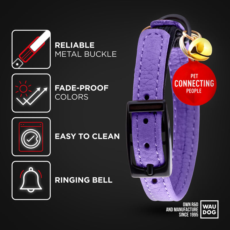 Leather Cat Collar with Bell and Safety Elastic Strap Breakaway Alternative for Small & Large Kittens, Stylish Pet Leather Collar for Boy, Girl Cats with Metal Buckle & QR ID Tag (Purple) 6" - 8" Purple - PawsPlanet Australia