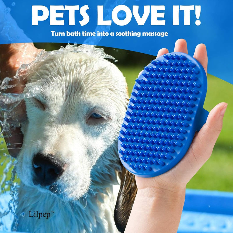 Lilpep Dog Bath Brush, Rubber Pet Shampoo Brush with Silicone Bristles for Massaging Grooming, Removing Short Haired Dogs Cats Shedding, Tangles and Dead Undercoat (Blue, plum brush) Blue - PawsPlanet Australia