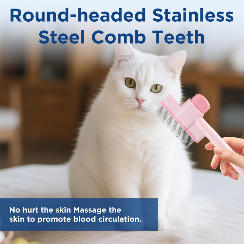 Cat and Dog Comb Pet Hair Removal Tool Flea comb Lice Comb Cat Brush with Release Button Self-cleaning Function, Equipped with Long and Short Stainless Steel Metal Teeth for Hair Removal Pink - PawsPlanet Australia