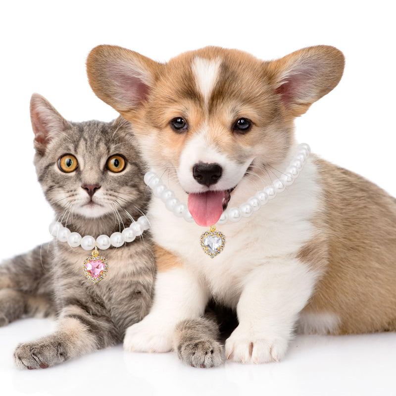 Cat Dog Pearl Necklace Collar 2pcs, Small Cat Collar Pear Dog Necklaces Cute Fancy Jewelry Accessories with Heart Shape Rhinestone White Pink Wedding Birthday Party for Puppy Pets Small Dogs - PawsPlanet Australia