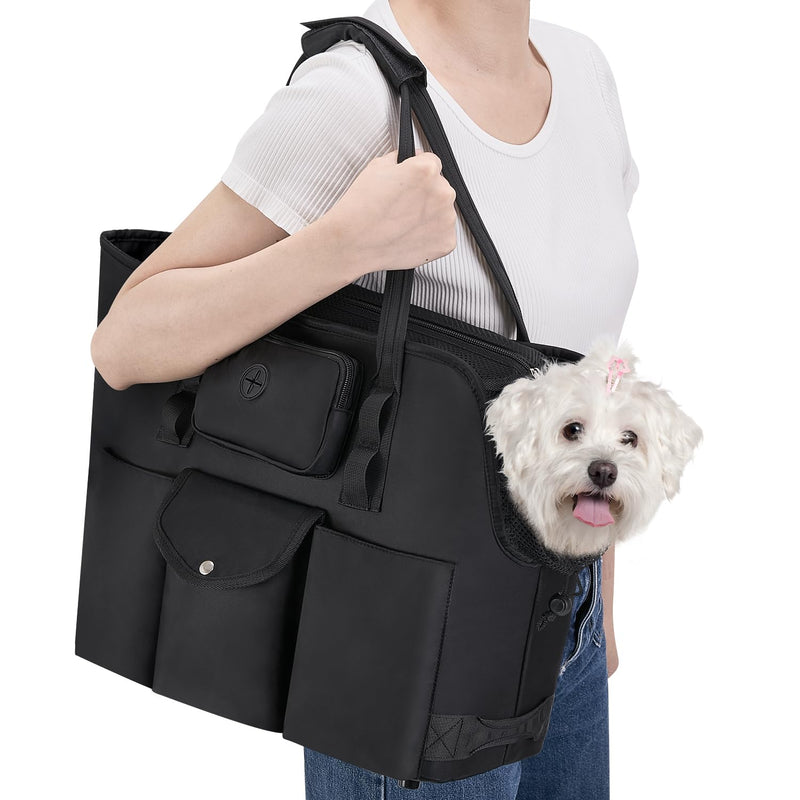 SlowTon Dog Purse Carrier - Portable Dog Carrier with Pockets & Safety Leash for Small Dogs Under 12 lbs, Breathable Pet Tote Bag for Cat Rabbit Outing, Travel, Vet (Black) Black