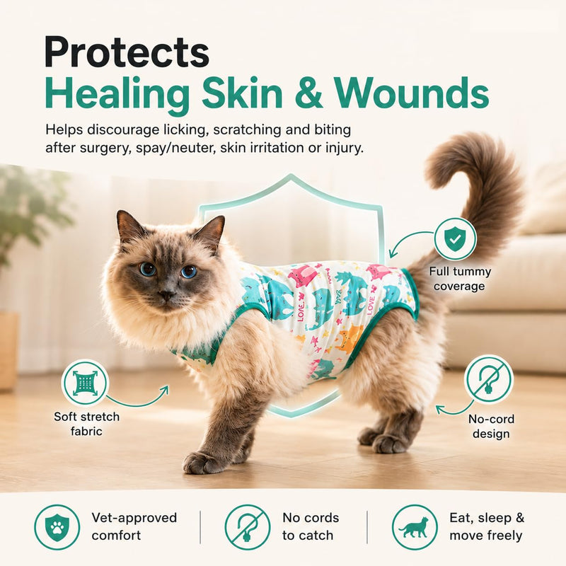 Cat Recovery Suit Surgical Onesie - Post Surgery - Soft Breathable Fabric - No-Cord Design - Protects Wounds and Skin After Spay or Neuter - Male and Female Cats | XX-Large