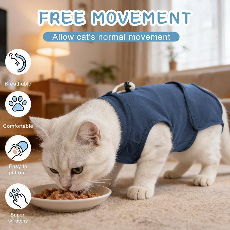 Gyuzh Cat Surgery Recovery Suit for Female Male Cats - Breathable Cone Alternative. Easy-Pull Recovery Suit with Adjustable Neck & Snap Closure for Spay Neutering, Anti-Licking Wound Care Blue M Medium
