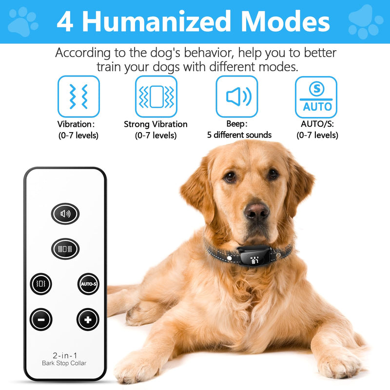 Bark Collar, No Shock Bark Collar with Beep Vibration & 7 Sensitivity Levels, Barking Collar for Large Medium Dogs 15-120LBS, IPX7 Waterproof Rechargeable Dog Training Collar with Remote (Black) Black - PawsPlanet Australia