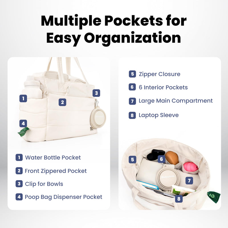 rubyloo Puffer Dog Travel Bag for Dog Moms – Doggy Diaper Bag with Pet Bowls & Food Storage or Everyday Puffy Tote – Doggy Mom Gifts for Women – Lightweight, Travel-Ready Gift for Pet Lovers – Beige - PawsPlanet Australia