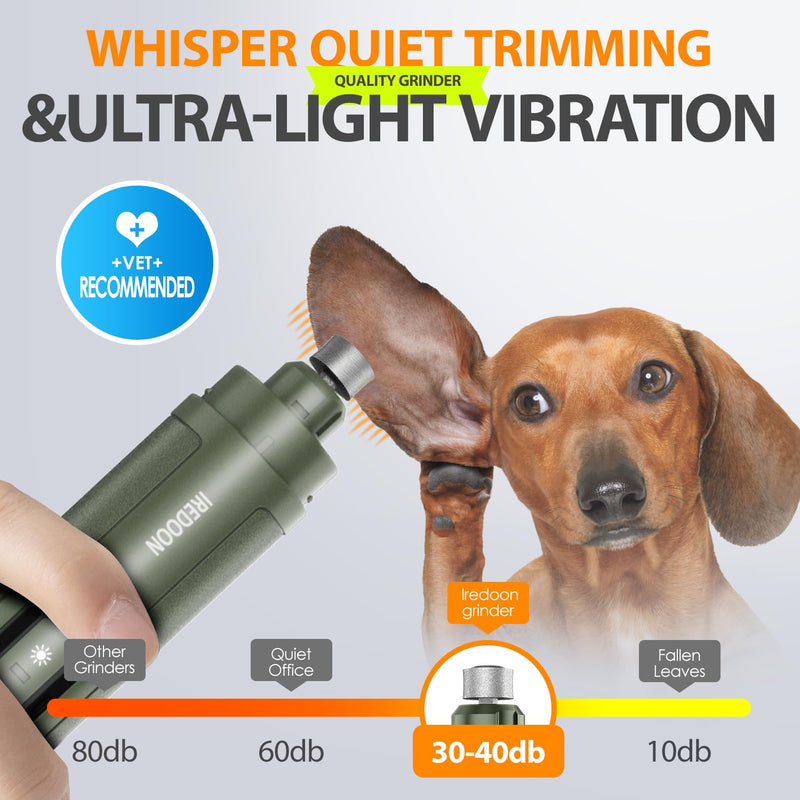 IREDOON Dog Nail Grinder Upgraded - Professional 3-Speed Super Quiet and Low Vibration Electric Pet Nail Grinder with 4 LED Lights - Painless Paws Grooming & Smoothing for Small to Large Dogs (Green) green - PawsPlanet Australia