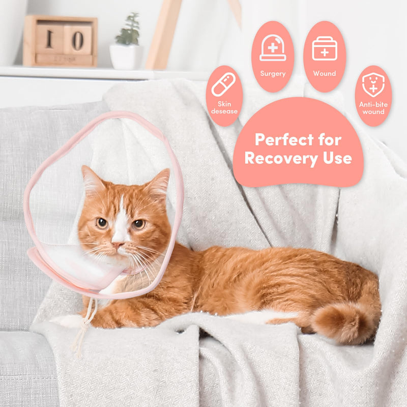BENCMATE Cat Cone, Drawstrings Cat Cone Collar with Low Noise Fasteners, Transparent Cat Recovery Collar, Licking and Scratching Free Cone, Extra Soft Cat Surgery Collar (Pink,Medium) [Neck:9-10"] Medium Sakura