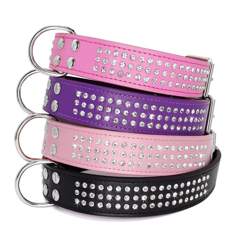 Rhinestones Dog Collar - 1.5" Width Leather Made with Sparkly Crystal Diamonds Studded - Shining Pet Appearance for Medium & Large Dog Walking,17"-20",Purple Neck 17-20",Fit 50-70lbs Purple - PawsPlanet Australia