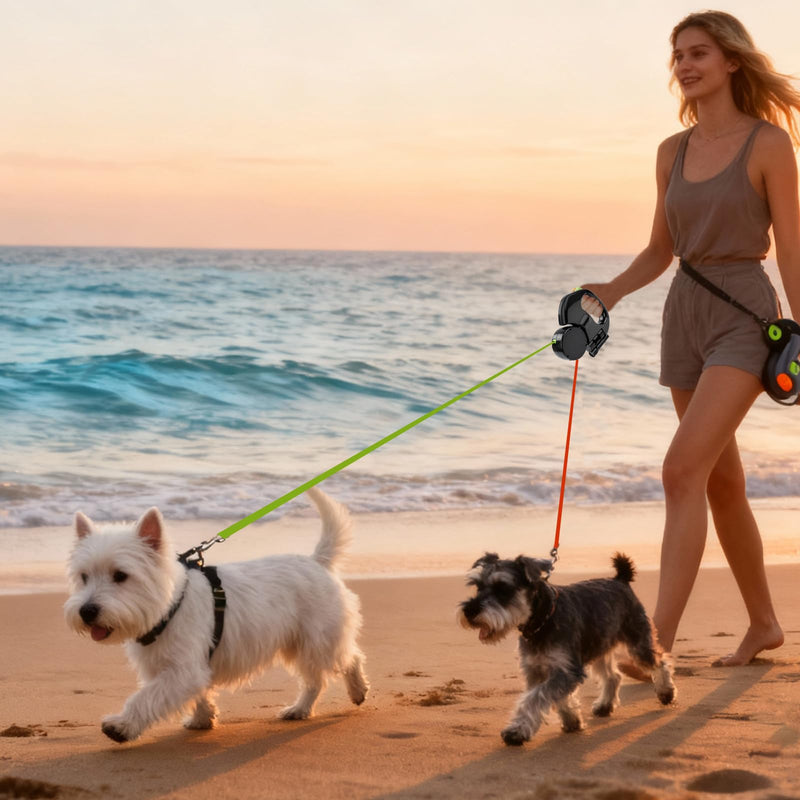 Retractable Double Dog Leash, Automatic Leash 1 Tow 2 with Flashlight and Bag Dispenser