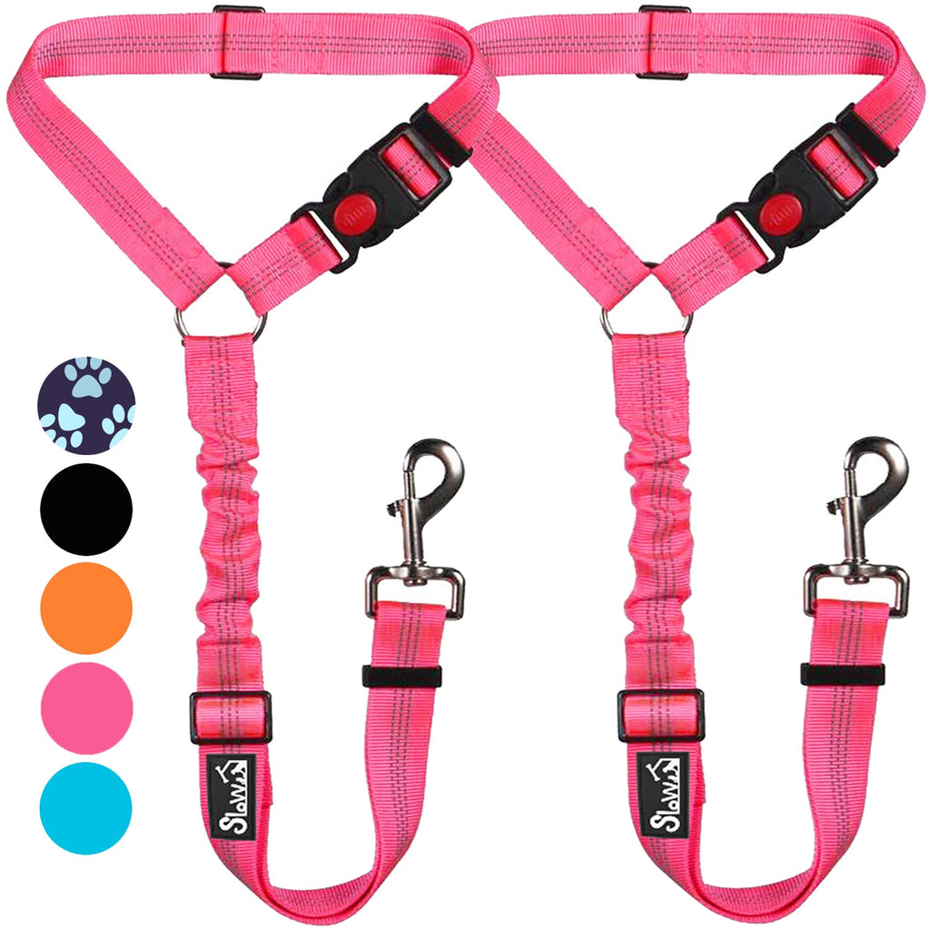 Lukovee Dog Car Seat Belt, 2 Pack Headrest Restraint Seatbelt, Adjustable Pet Safety Leads with Reflective Elastic Bungee for Dog Harness Collar Travel Daily Use (Fluorescent Pink,Headrest) A.Fluorescent Pink Headrest, 2 Pcs