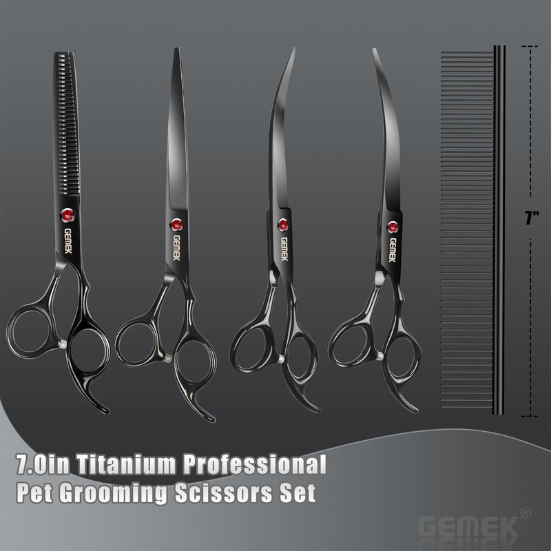 7.0in Titanium Professional Dog Grooming Scissors Set, GEMEK 6 in 1 Straight & Thinning & Upwards Curved & Downwards Curved Scissors & Comb for Dogs, Cats and Other Animals Black 7inch - PawsPlanet Australia