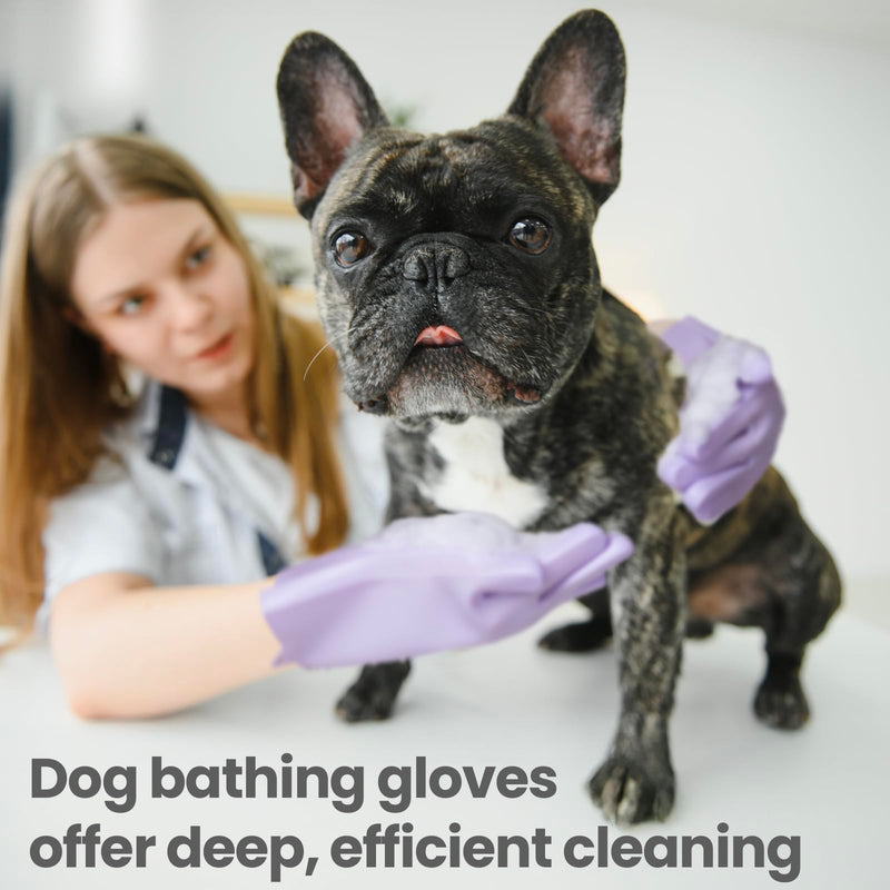DELOMO Dog Washing Gloves 1 Pair: Soft and Gentle Silicone Pet Grooming Gloves - Bathing Scrubber Brush Mitt Grooming Shedding Fur Removal Massage for Dogs/Cats/Horse, Purple Medium - PawsPlanet Australia