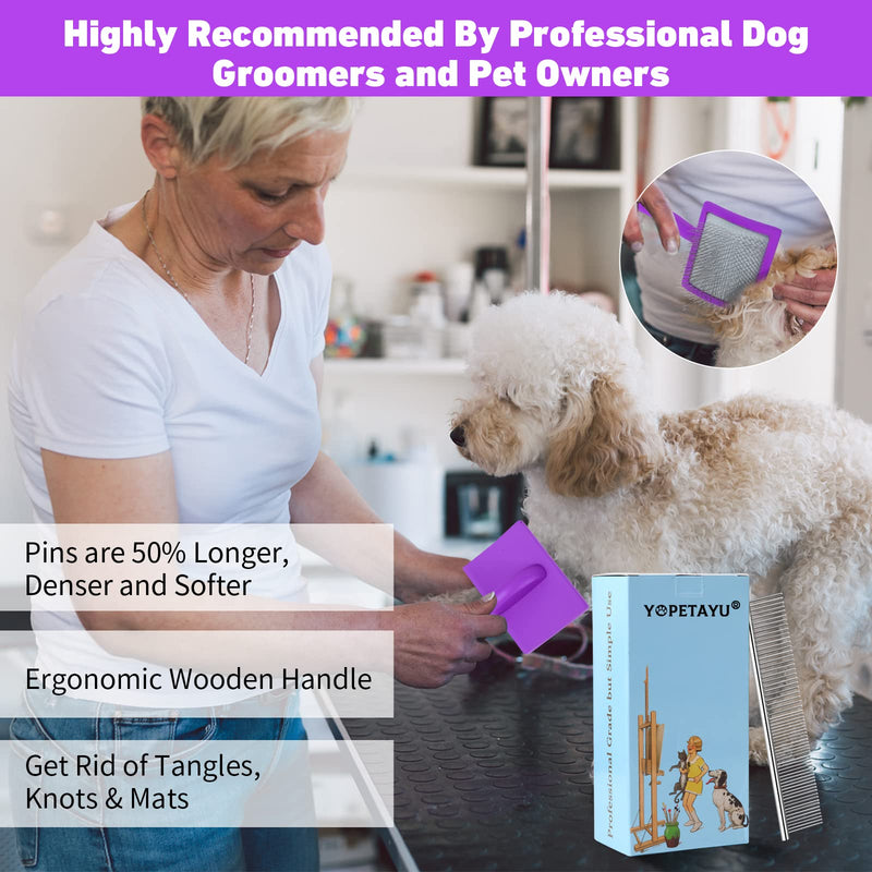 Large Long Pin Slicker Brush for Poodles, Goldendoodles & Long Haired Dogs - 25mm Pins Professional Grooming Tool with Wooden Handle for Thick Curly Coats, Mats & Undercoat - Purple