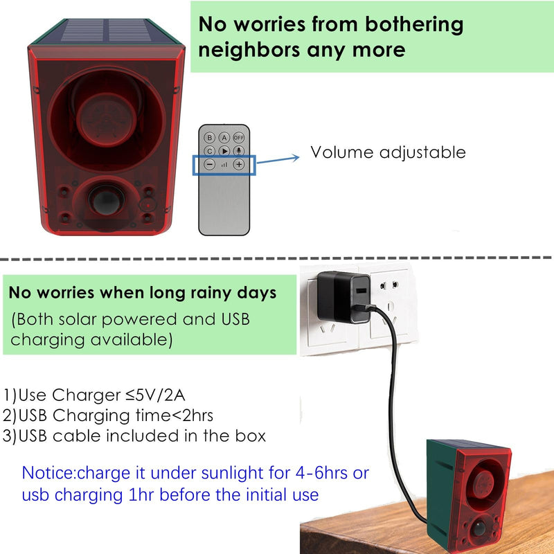 HULPPRE Solar Outdoor Motion Sensor Alarm-Dog Barking or Gunshot Sound,Support Recording&±Volume,130db Loud Noise Maker,3 Work Modes Strobe Light with USB,Say Goodbye to The Intruders 1pack - PawsPlanet Australia