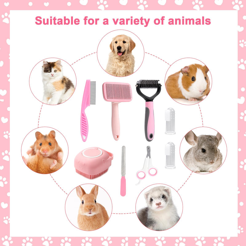 VCZONE 8 Pcs Dog Grooming Kit with Self Cleaning Tools: Nail Clipper, Flea Comb, Shampoo Brush, Shedding Brush, Dematting Comb, Silicone Toothbrush (Pink) Pink - PawsPlanet Australia