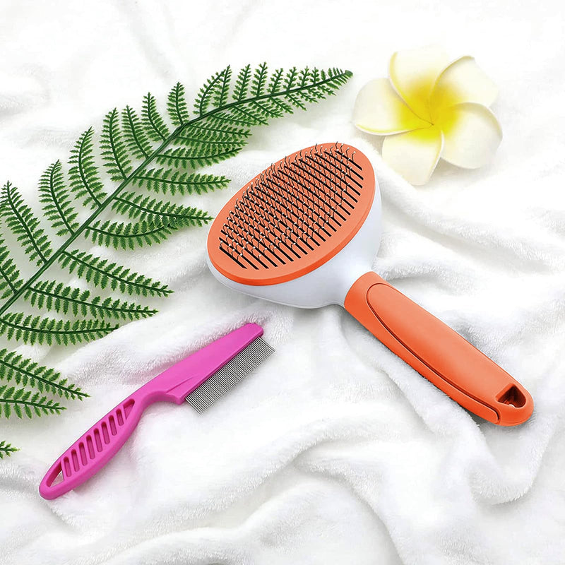 Cat Brush for Shedding and Grooming, Pet Self Cleaning Slicker Brush with Cat Hair Comb(Orange) Orange - PawsPlanet Australia