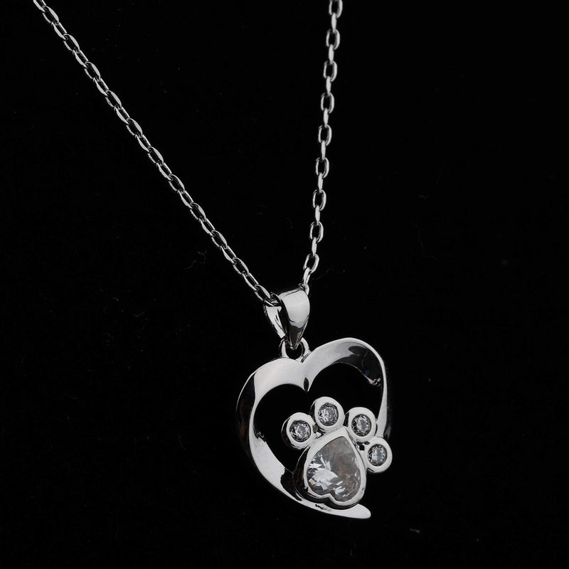 BEKECH Pet Lover Gifts Paw Print Necklace Cubic Zirconia Puppy Dog Cat Pet Paw Print Love Heart Pendant Necklace for Women silver