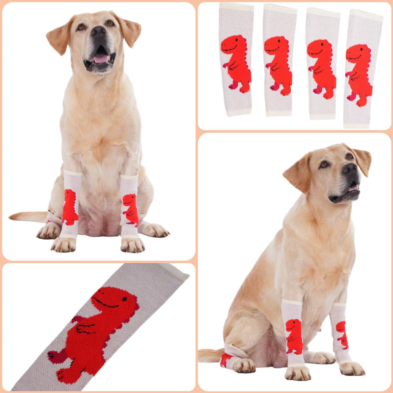 LovinPet 4-Pack Dog Knee Sleeves, Dinosaur-Style Leg Warmers for Medium & Large Dogs, 4-Way Stretch, Anti-Lick Coverage, Warm & Comfy Fit, One Size,Red White Red White