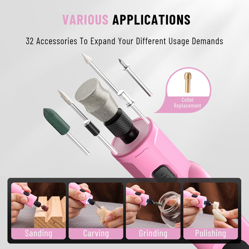 Katerk Pet Dog Nail Grinder - 5 Speed Quiet Electric Dog Nail Trimmer with 360°LED Light, 2500mAh Rechargeable, 32PCS Cordless Rotary Tool for Small Medium Large Dogs & DIY Sanding, Carving (Pink) Pink - PawsPlanet Australia