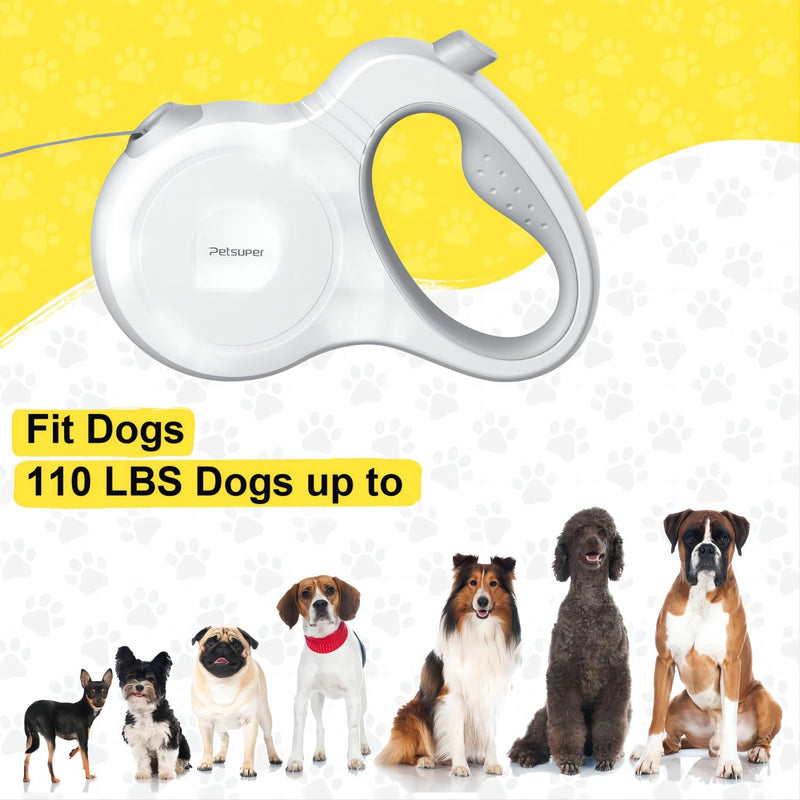 Retractable Dog Leash, Anti-Slip Rubberized Handle, 16FT Strong Nylon Tape Up to 110lbs, 360° Tangle Free, White - PawsPlanet Australia