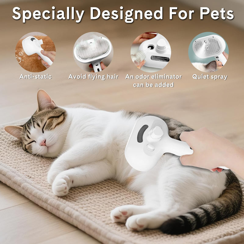 Pet Steam Brush for Dogs & Cats - 2-in-1 Deshedding & Detangling Tool with Steam Spray, Anti-Static Grooming Brush for Long/Short Haired Pets, Waterless Cleaning & Massage(White) White - PawsPlanet Australia