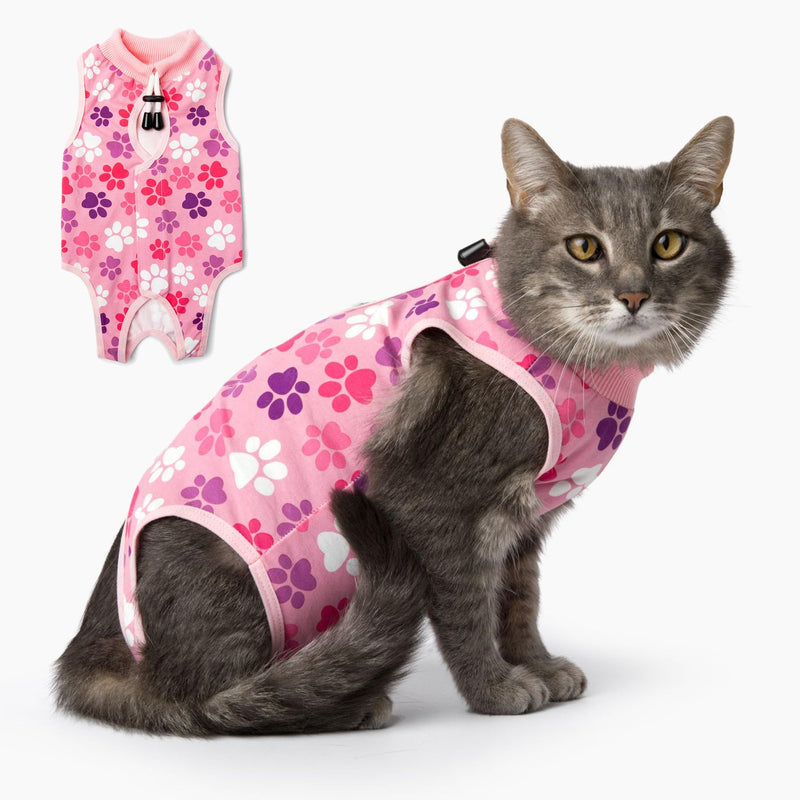 Cat Recovery Suit: Pink Cat Surgery Recovery Suit Female w/Paw Print Design - Elastic, Soft & Breathable Cat Recovery Suit for Spay - Washable Cat Surgery Suit for Post-Operative Healing Process. Small - PawsPlanet Australia