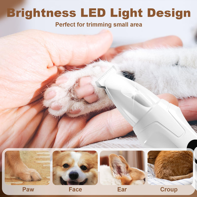 Dog Paw Trimmer with LED Display, 35dB Low Noise Electric Dog Clippers for Grooming, Cordless Paw Trimmers for Dog's Feet, Eyes, Ears, Face, Rump with LED Light (White) - PawsPlanet Australia