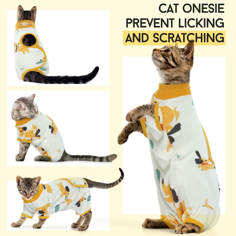 DENTRUN Cat Surgery Recovery Suit Female Male Soft Onesie, Kitten Surgical Collar Cone Alternative Shirt, Abdominal Wounds Anti-Licking Pajama for Small Pets Spay, Cat Body Suit Post Surgery S Yellow Puppy