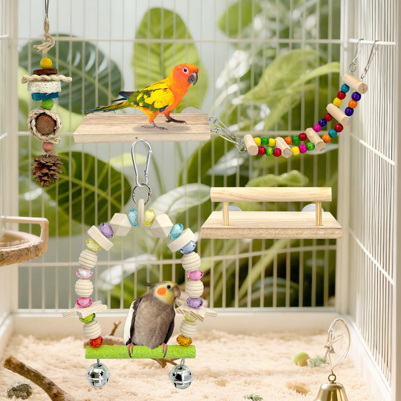 5-in-1 Parakeet Toys Set: Detachable Bird Playground with Wooden Perch, Swing, Ladder, & Platform Cage Accessories for Cockatiel, Conure, Lovebird, Budgie, Finch - PawsPlanet Australia