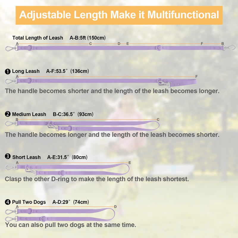Wisedog Waterproof Dog Leash – 5ft/6ft Adjustable with 2 Metal Swivel Hooks, Easy to Clean Dog Leashes for Small, Medium, Large Breed Dogs (Lilac M) 5 ft × 3/4 in Lilac - PawsPlanet Australia