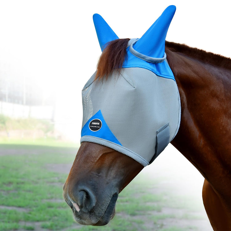 Horse Fly Mask, Adjustable Fly Masks for Horses with Ears, Breathable and 70% UV Protection, Comfort Mesh Without Nose Cover, Horses Accessories (Grey, Blue, Large)