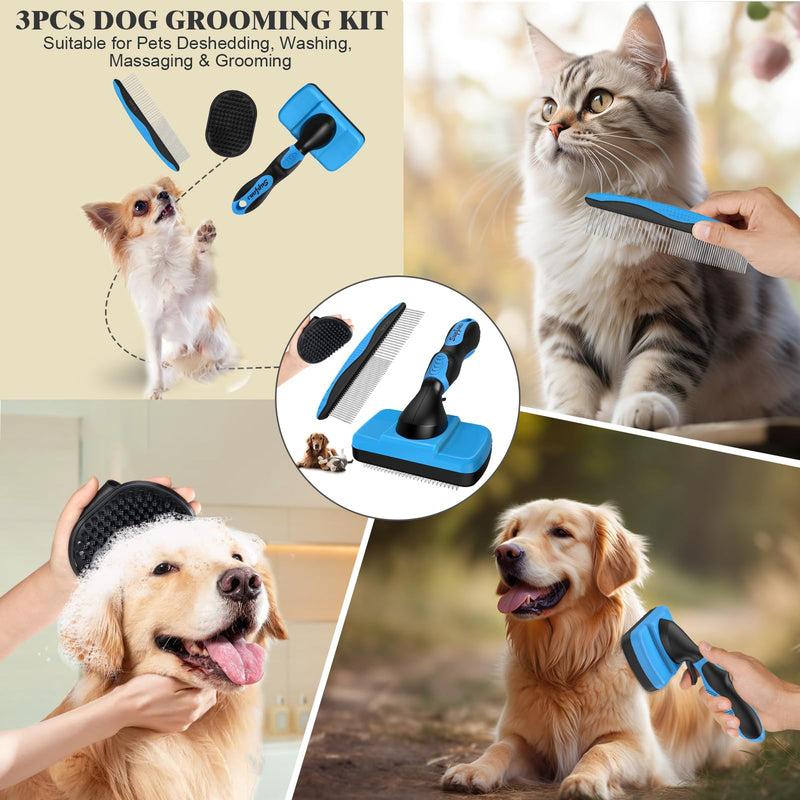 3PCS Dog Grooming Kit - Deshedding Dog Brush, Self Cleaning Slicker Brush, Bath Brush and Comb, Suitable for Hair Removal and Bathing of Dogs & Cats (Black Blue) - PawsPlanet Australia