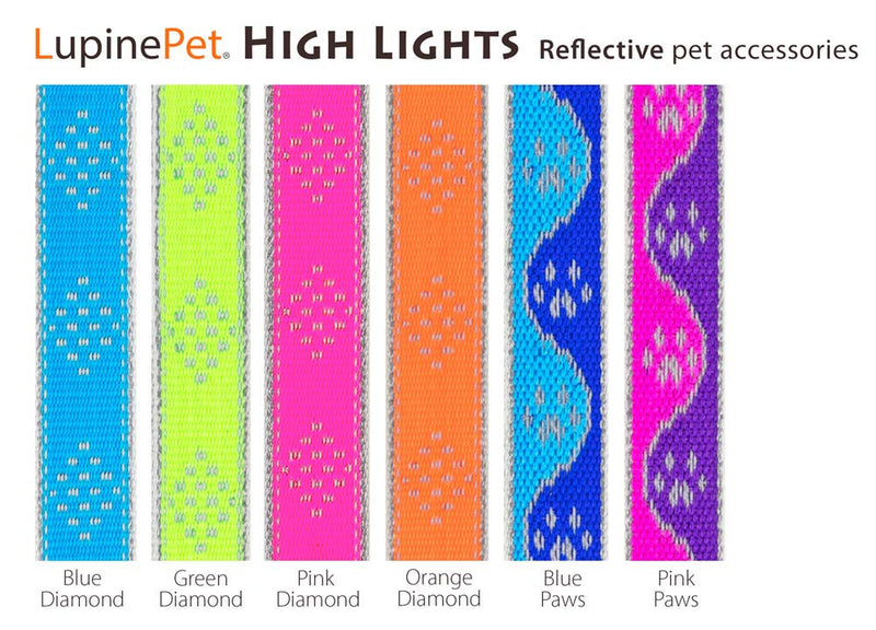 Lupine Reflective Dog Collar 1" Wide Blue Diamond Adjusts from 12" to 20" 1"w; 12-20"