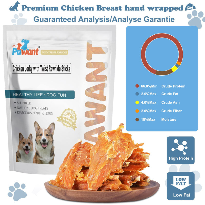 Chicken Jerky with Twist Rawhide Sticks for Dogs, 32 oz - High Protein Real Chicken Breast Dog Chews - Long Lasting Dental Care Treats for Puppies, Small and Medium Breeds, 4-4.5 Inch Chicken Jerky with Twist Rawhide Sticks 2 Pound (Pack of 1)