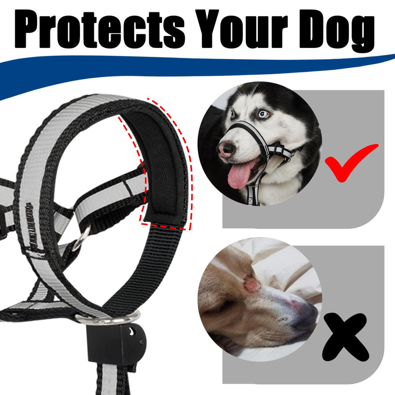Reflective Head Collar, No Pull Collar for Large Dogs, Anti-Pull Muzzle Leash for Large Sized Breed, Adjustable Soft Dog Halter, Nose Leash for Easy Control on Walks Black L (Snout Cir: 9½"-14”)