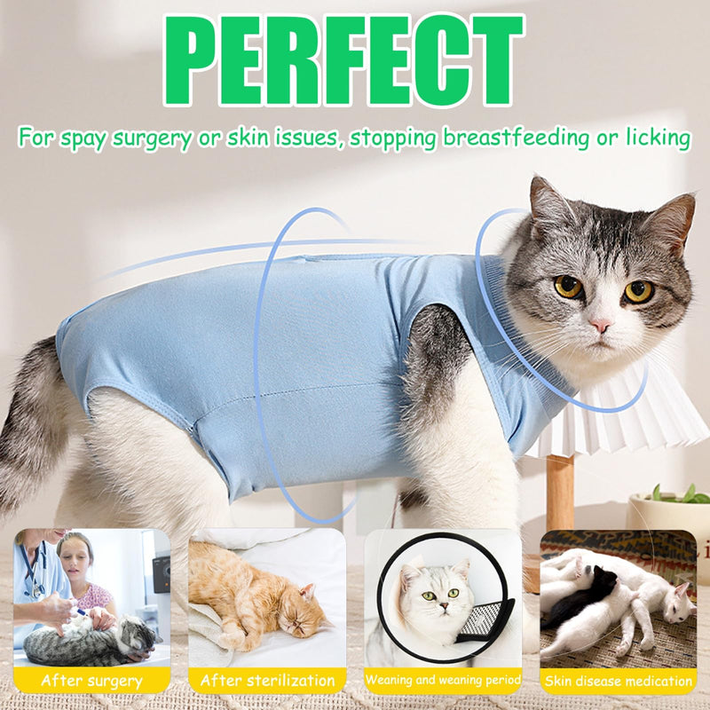 Cat Recovery Suit, Breathable Anti-Lick Cat Spay Bodysuit, Cone Alternative Post-Surgery Shirt for Abdominal Wounds, Soft Cotton Cats Surgery Clothes for Kittens & Adult, Size M (2-4KG Cats)