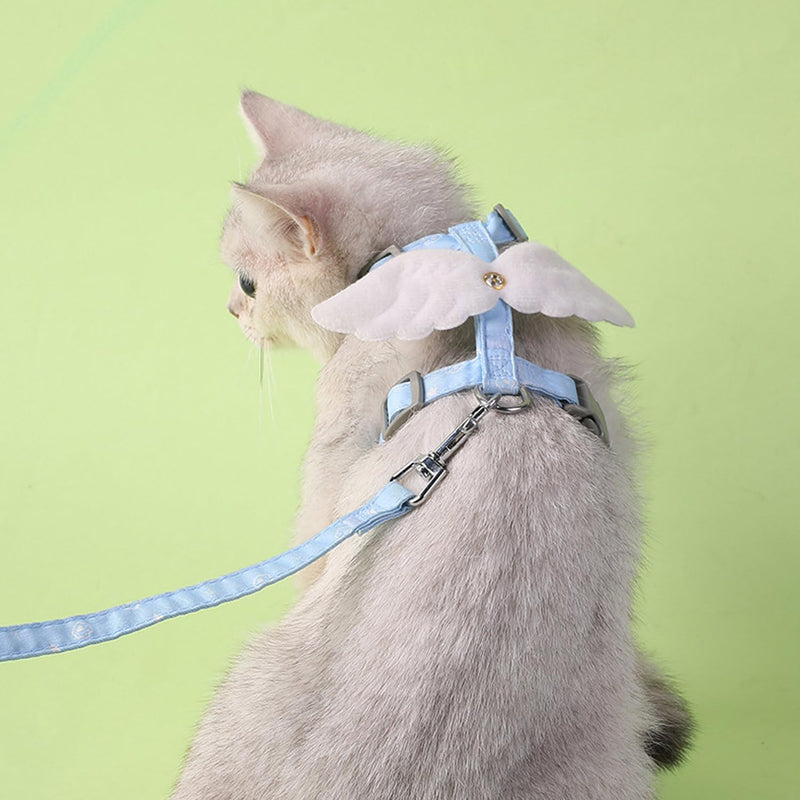 Cat Harness and Leash Set White Wing for Outdoor Travel Walking Escape Proof Soft Safe Adjustable Kitten Puppy Small Strap Angel Style, Blue S Blue Wing