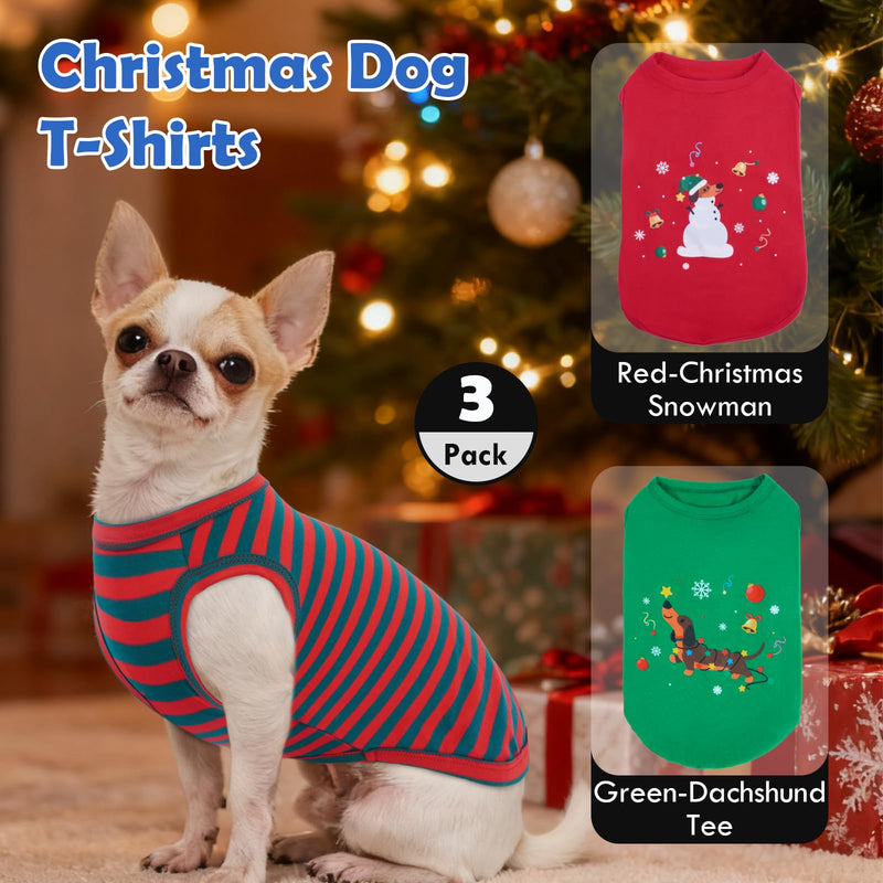 3 Pack Christmas Dog T-Shirt,Printed & Striped Set,Sleeveless Vest Autumn Winter Indoor Lounge Wear,Soft Lightweight Dachshund Clothes,Festival Party Cute Outfits(Red&Green,L) Red-Green-Stripes Large?Chest:18"?