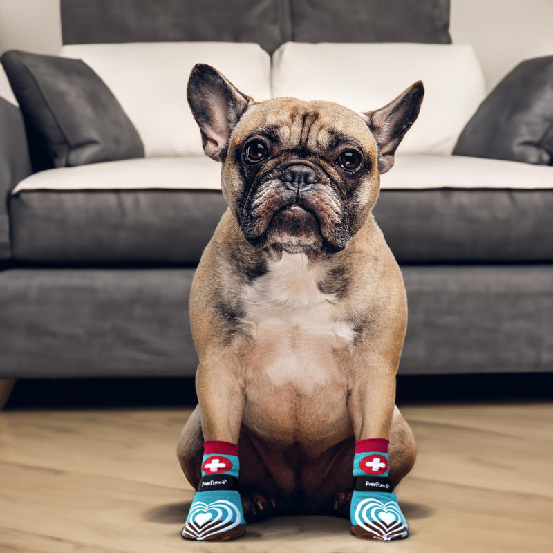 Medical First-Aid Double Sided Anti-Slip Cotton Dog Socks | PawFlex Comfy Pawz Silicone Nonslip at Inner Cuff for No Twisting or Sliding Off | Pet Paw Protection |Wound Care | Traction Control Medium Teal First Aid