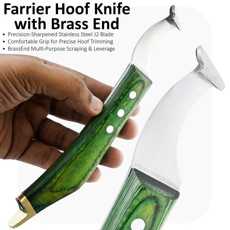 – Super Sharp Hoof Knife with Brass End | Precision-Sharpened Stainless Steel Blade & Wooden Handle | Pro Farrier Hoof Trimming Tool for Horses & Equine (Green, Left-Hand) Green