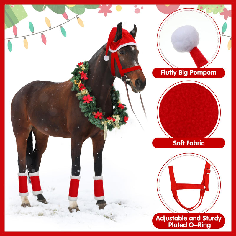 Paterr 6 Pcs Christmas Horse Accessory Includes 4 Pcs Leg Wraps with Faux Fur Trim Holiday Santa Hat Adjustable Nylon Halters for Christmas Horse Costume Accessories