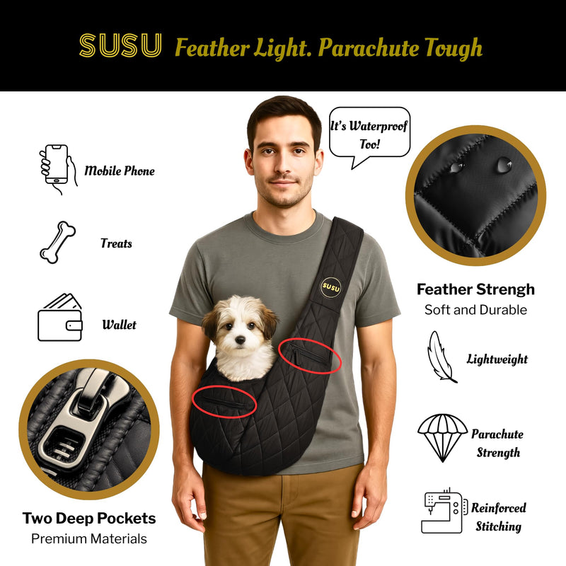 SUSU Small Dog Sling Carrier – Silk Black 2‑in‑1 Cross‑Body & Handheld Pet Sling for Small Dogs up to10 lbs, Ultra‑Soft Parachute‑Grade Nylon, Safety Tether & Dual Zippered Pockets - PawsPlanet Australia