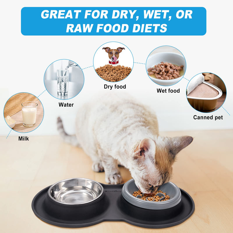 BurgeonNest Slow Feeder Dog Bowls Small Size,13 oz Cat Food Bowls, 4-in-1 Cat Slow Feeder with No-Spill Silicone Feeding Mat, Stainless Steel Anti Vomiting Pet Bowl Set, Perfect for Puppy, Kitten Grey